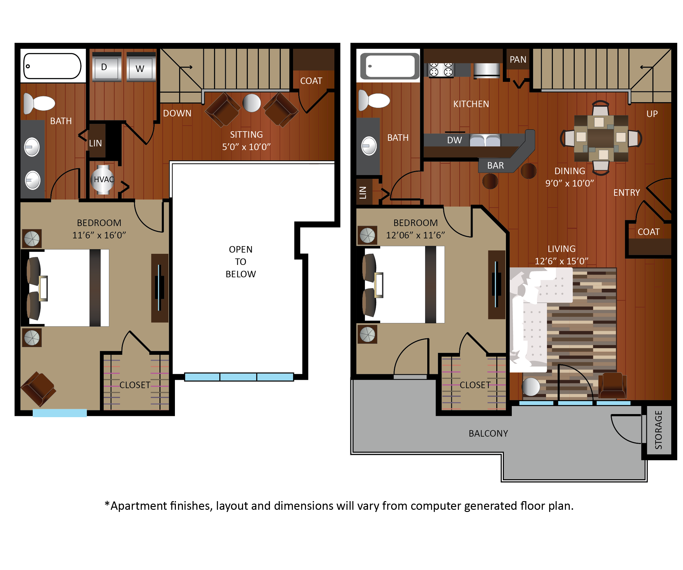 Floor plan for 2 beds, 2 baths, 1145 sqft